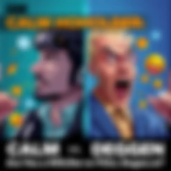 Calm HODLer vs Full Degen A split image showing a calm HODLer with a relaxed expression on one side and a full degen enthusiast with an excited expression on the other, both surrounded by trading symbols and emojis.