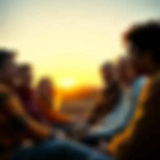 A group of Canadians sitting together discussing their morning emotions, with smiles and thoughtful expressions. A sunrise can be seen in the background, symbolizing a new day.
