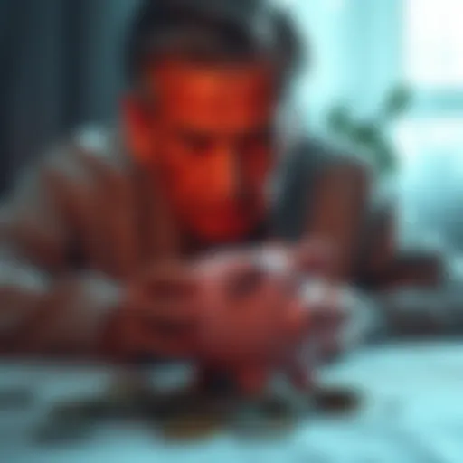 A sad cancer patient looking at a broken piggy bank, symbolizing stolen treatment funds.