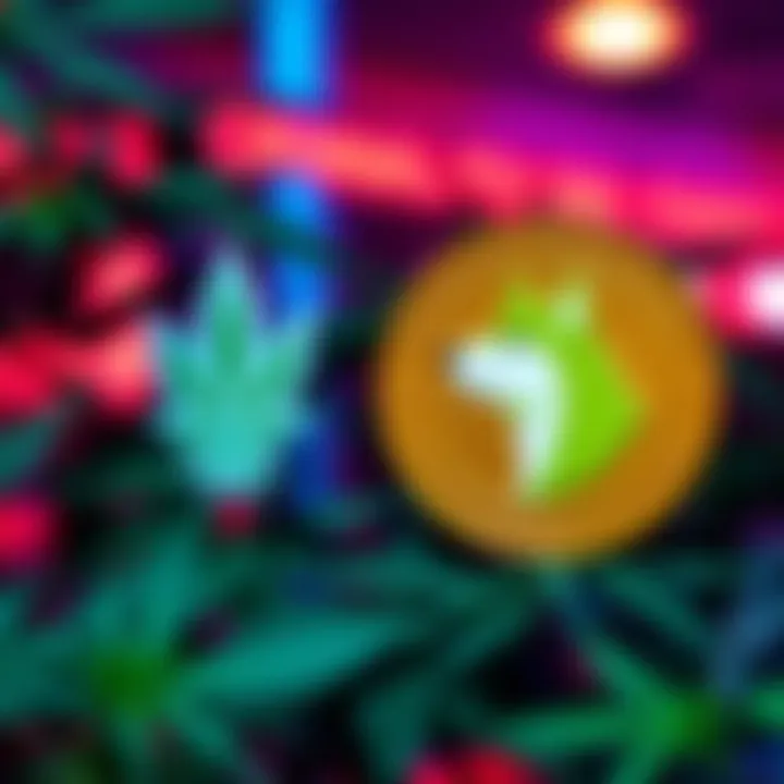 A cannabis company logo next to a symbol for Dogecoin, illustrating the investment in cryptocurrency.