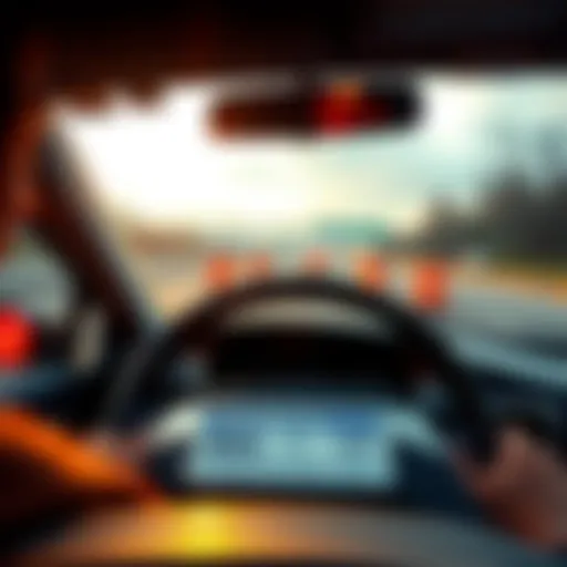 A car driving down a highway without a license plate, with a worried driver behind the wheel
