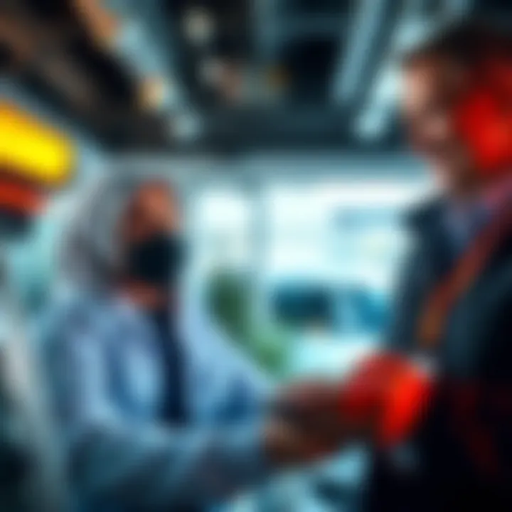 A car dealer is smiling while using a tablet to process a transaction with cryptocurrency, showing a car in the background.