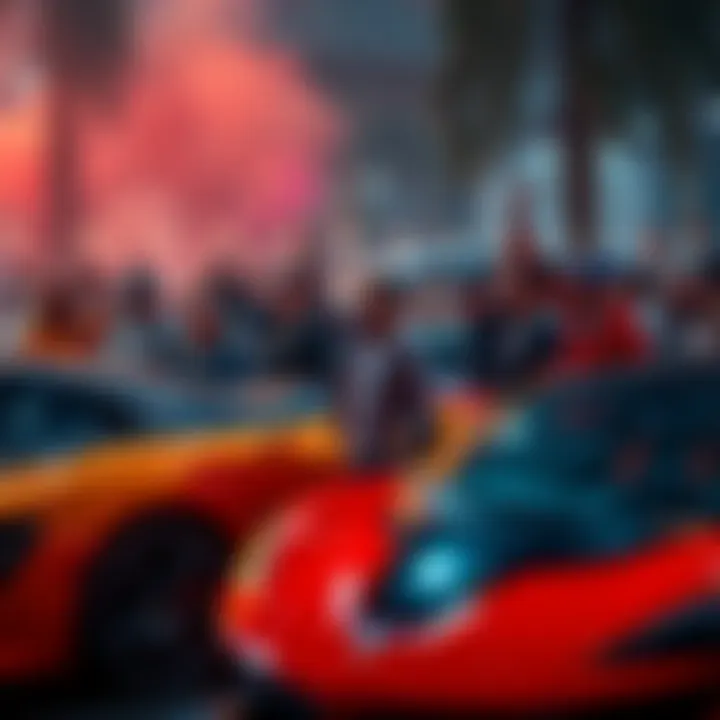 A diverse group of car enthusiasts celebrating around luxury vehicles, showcasing community and excitement in the car culture.
