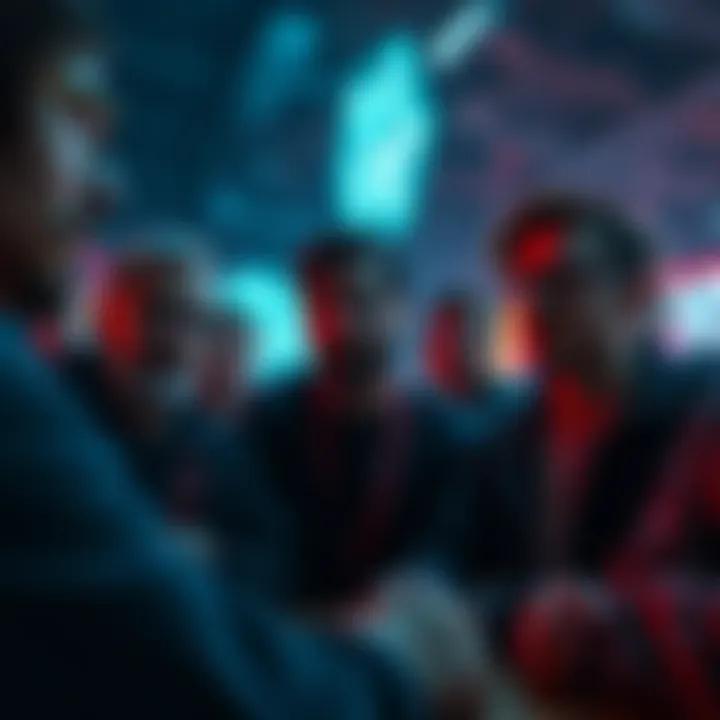 A group of Cardano holders discussing Nexo's support for the Night airdrop, looking concerned and curious in a friendly setting.