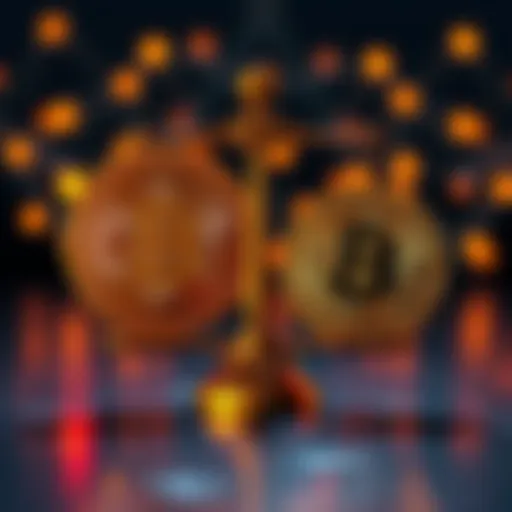 Visual representation of Cardano converting some treasury funds into Bitcoin, showing both coins with a balance scale