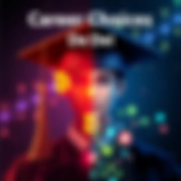 A split image showing a graduation cap on one side and blockchain symbols on the other, representing the choice between college and blockchain skills in decentralized finance.