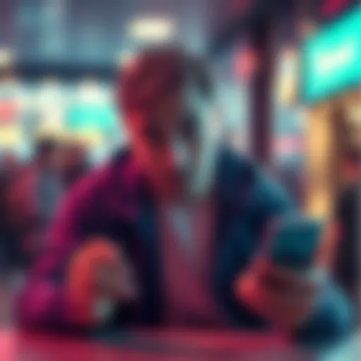 A frustrated person looking at their phone, trying to find the cash deposit option in the Revolut app, showing confusion and frustration.