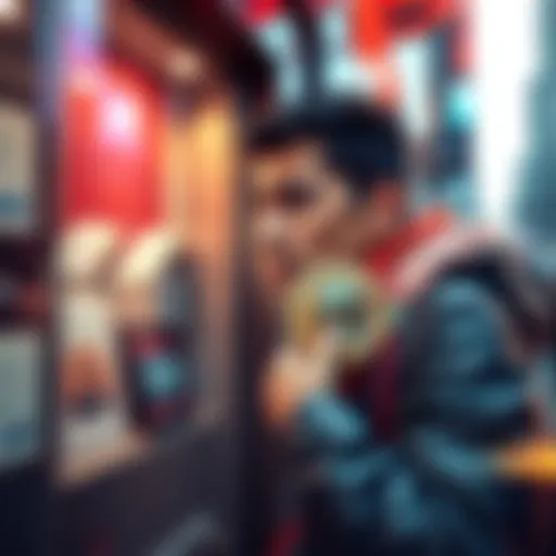 A person struggling to exchange cash for Bitcoin in New York City, showing frustration in front of a bank or crypto kiosk.