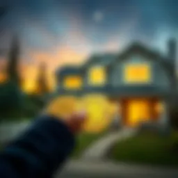 A person holding Bitcoin symbols with a house in the background, symbolizing the sale of cryptocurrency for real estate in Canada.