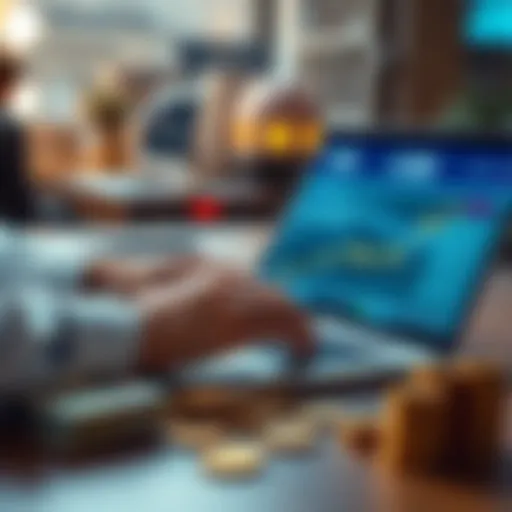 A person reviewing cryptocurrency transactions on a laptop with Euro notes and coins nearby