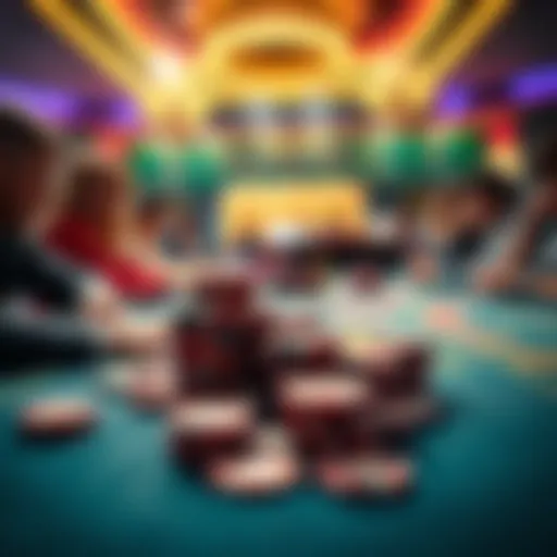 A lively casino table with colorful chips and players focused on the game, showcasing excitement without emotional highs or lows.