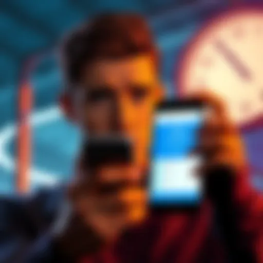 A frustrated person looking at their phone, waiting for a deposit confirmation from Commonwealth Bank of Australia, showing a clock in the background to signify time delay