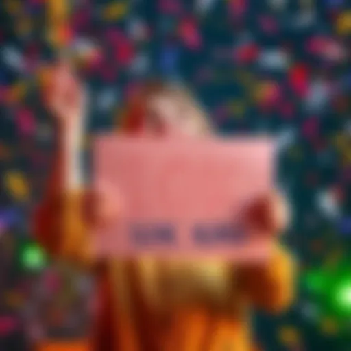 A joyful person holding a sign that says '10K KAS' with confetti around them, showing excitement and celebration.