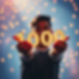 A person proudly holding a digital representation of 1000 XRP coins with excitement on their face