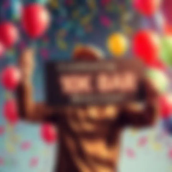 A person joyfully holding a sign that says '10k HBAR Milestone Achieved!' with a background of colorful balloons and confetti