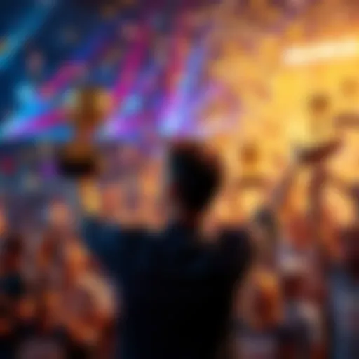 A person excitedly holding a trophy with a number 11 on it, surrounded by confetti and a cheering crowd.