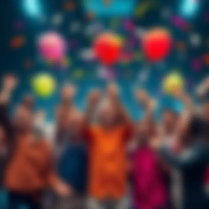 A group of happy people celebrating reaching the $50 milestone with balloons and confetti