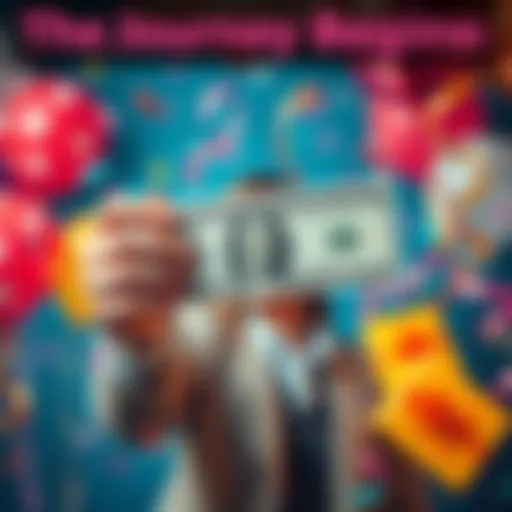 A person holding their first dollar bill with excitement, surrounded by celebratory items like confetti and balloons.