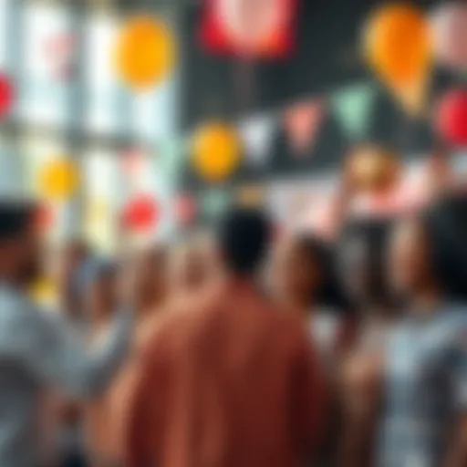 A group of diverse people gathered to celebrate achievements and progress over 20 days, with balloons and banners in the background.