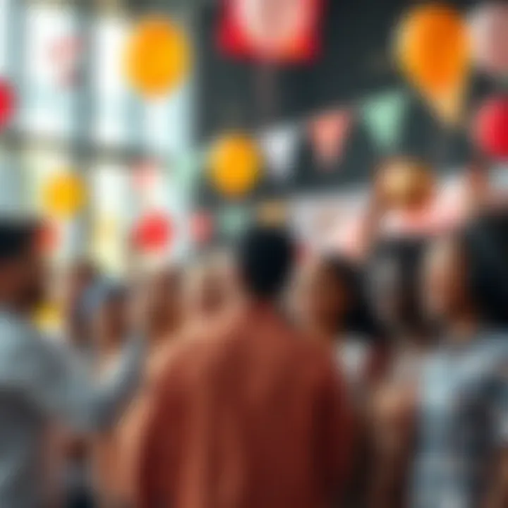 A group of diverse people gathered to celebrate achievements and progress over 20 days, with balloons and banners in the background.
