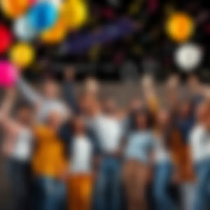 Group of diverse people celebrating with balloons and confetti, showing excitement for achieving a milestone, with a banner in the background that reads 'Onward to .1!'