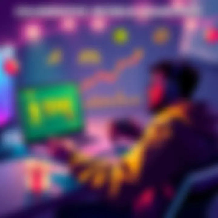 A person celebrating their one-year anniversary in mobile gaming with a laptop and gaming controller, surrounded by charts showing earnings and game icons.