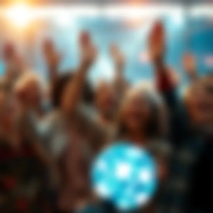 A group of diverse individuals cheering together, symbolizing triumph after overcoming challenges, with bright future imagery in the background.