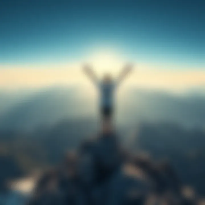 A person standing on a mountain peak with arms raised, expressing joy and triumph after achieving unexpected success.