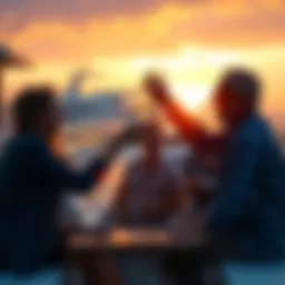 A group of friends celebrating together at a yacht club, raising glasses in joy. The sun sets behind them, creating a warm atmosphere.