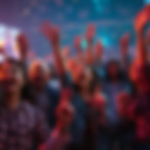 A group of people joyfully celebrating and expressing excitement together in a lively atmosphere.