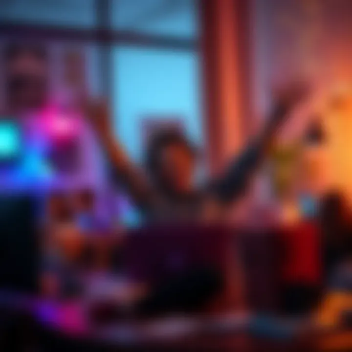 Celebration after completing a login streak A person celebrating with a laptop at a desk after finishing a 90-day login streak