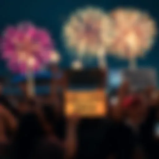 A group of excited people cheering with signs that say 'Welcome Back' as fireworks burst in the background.