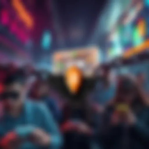 A visual representation of an app logo surrounded by a broken chain symbolizing centralization issues, with a backdrop of worried people looking at their devices.