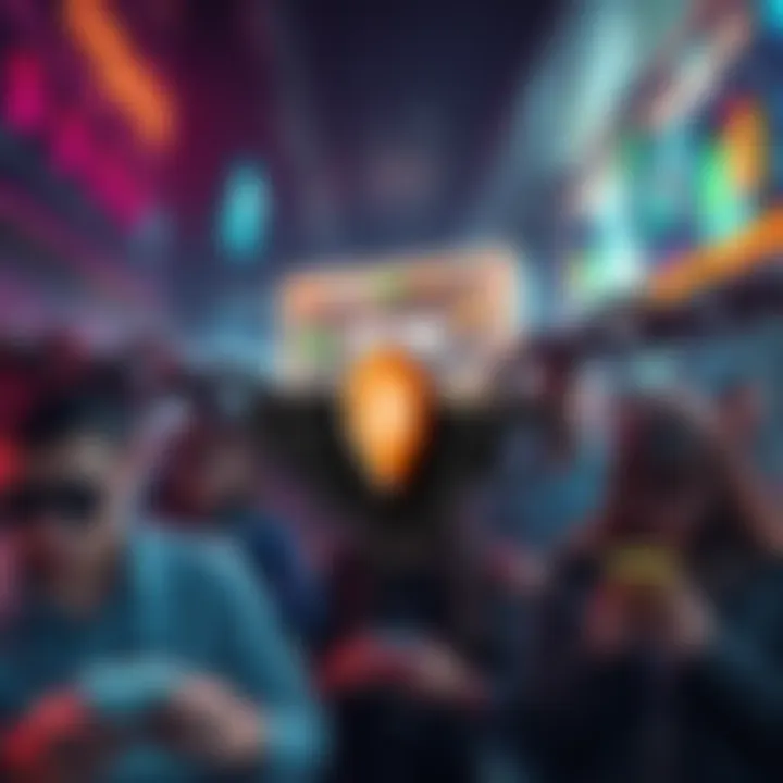 A visual representation of an app logo surrounded by a broken chain symbolizing centralization issues, with a backdrop of worried people looking at their devices.