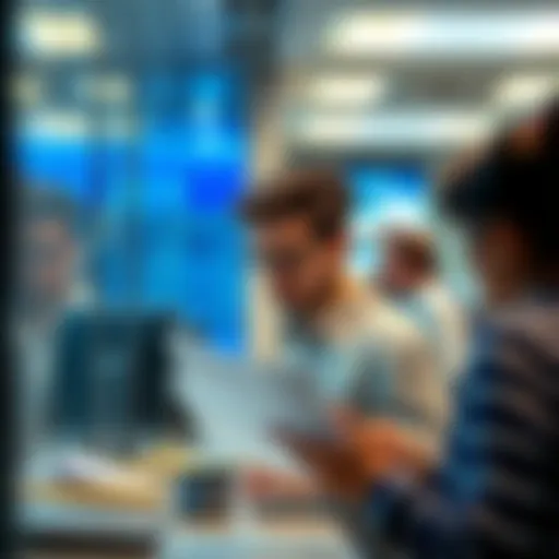 A person at a bank counter discussing issues with crypto transfers, looking frustrated. Bank staff are reviewing documents.