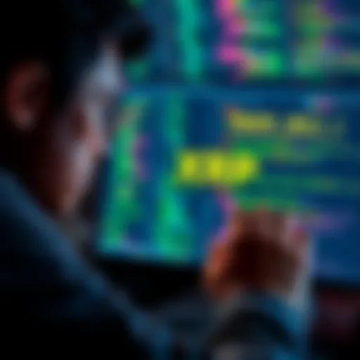 Person examining an old wallet file on a computer screen, looking for XRP, with a visual of code and digital assets in the background.