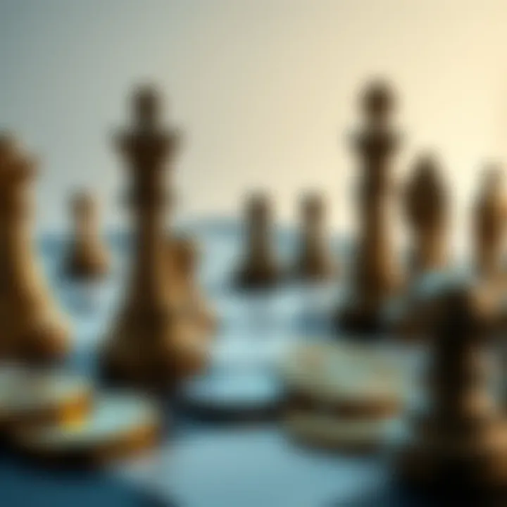 A chess board with pieces positioned strategically and cryptocurrency coins scattered around, symbolizing a connection between chess tactics and crypto trading.