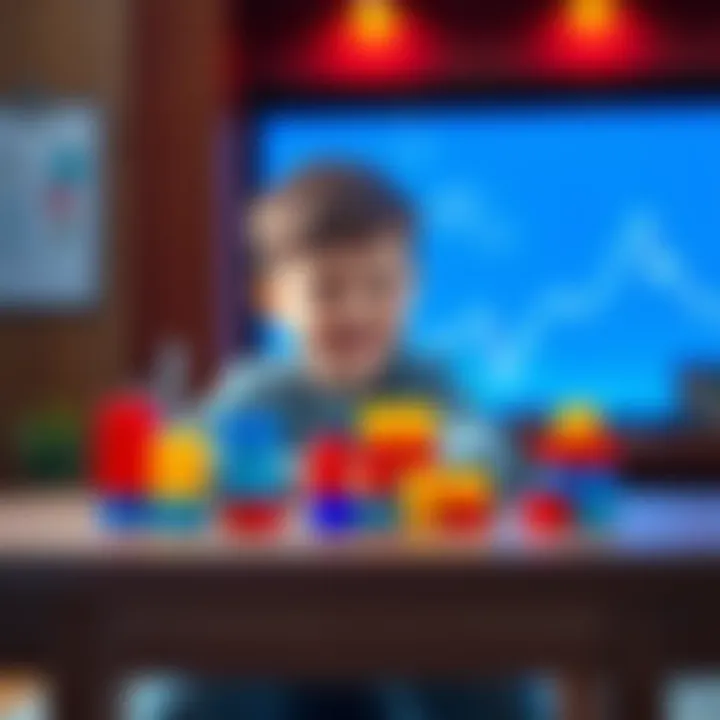 A child sitting at a table with colorful blocks arranged to represent the Tezos blockchain, smiling while learning about technology.