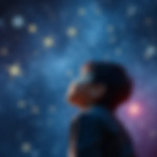 A child gazing up at a starry night sky, filled with bright stars, symbolizing hope and dreams.