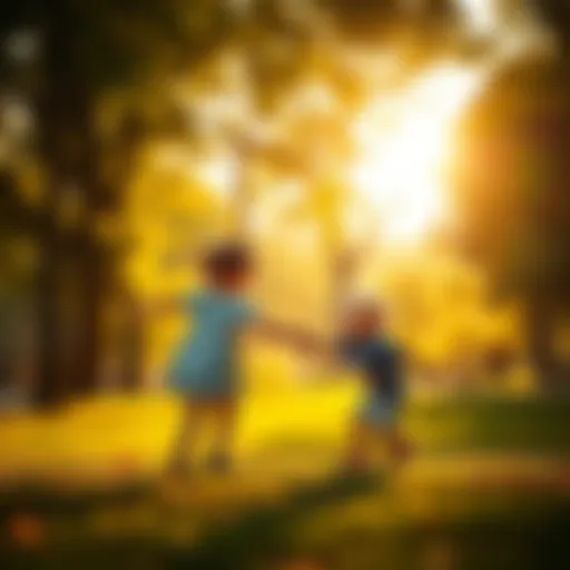 A nostalgic scene of a child playing in a sunlit park, surrounded by trees and laughter, symbolizing lost innocence.