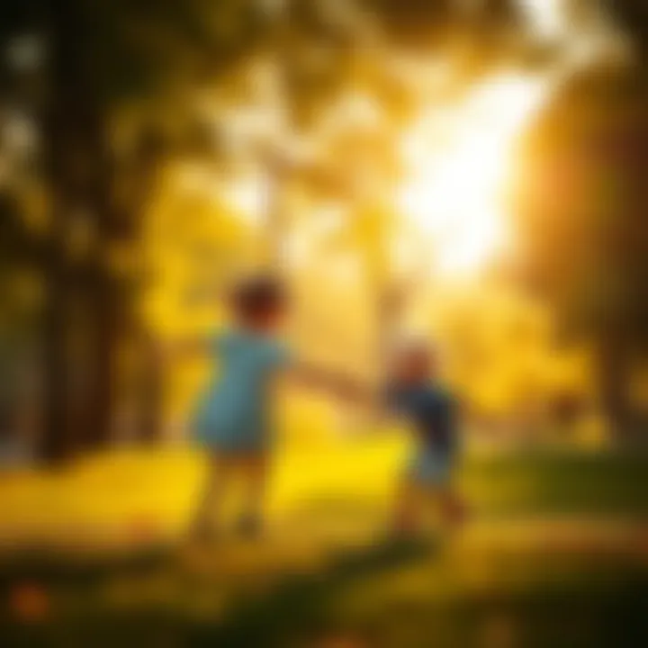 A nostalgic scene of a child playing in a sunlit park, surrounded by trees and laughter, symbolizing lost innocence.