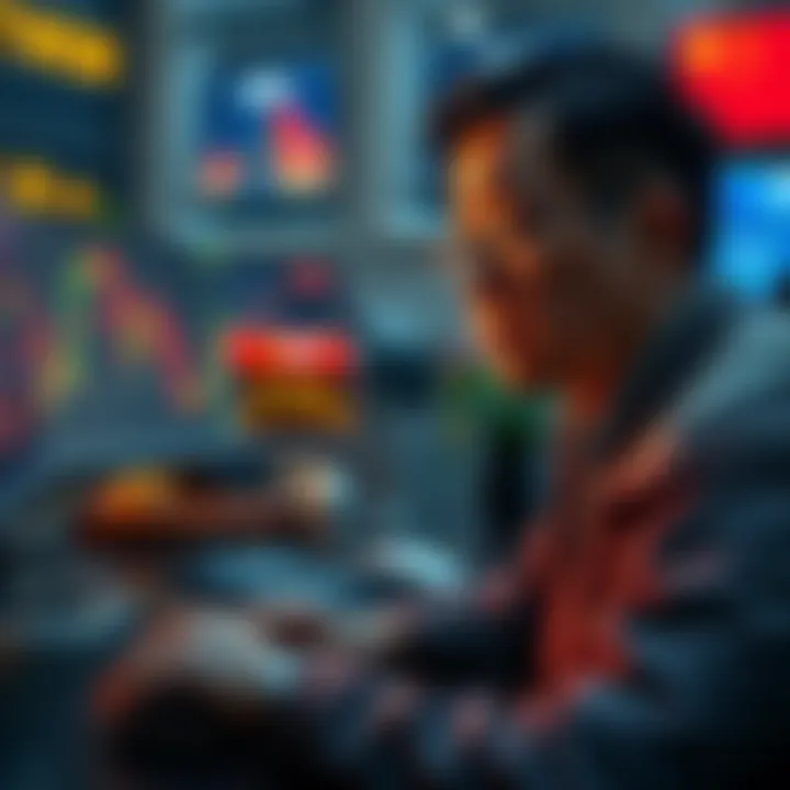 A frustrated investor looking at a computer screen showing cryptocurrency charts with a warning message about the ban in China