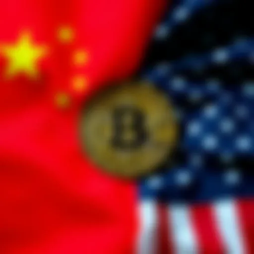 China's flag and the U.S. flag with a Bitcoin symbol in the center, representing the accusation of theft.