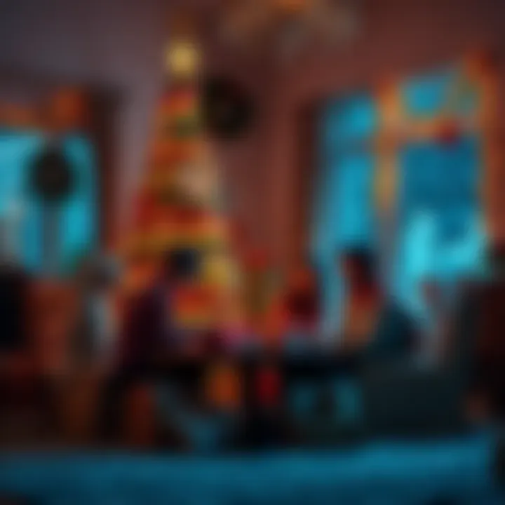 Families gathered around a decorated Christmas tree exchanging gifts and enjoying the festive atmosphere.