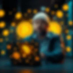 A person with a digital laptop, surrounded by Bitcoin symbols, asking for donations