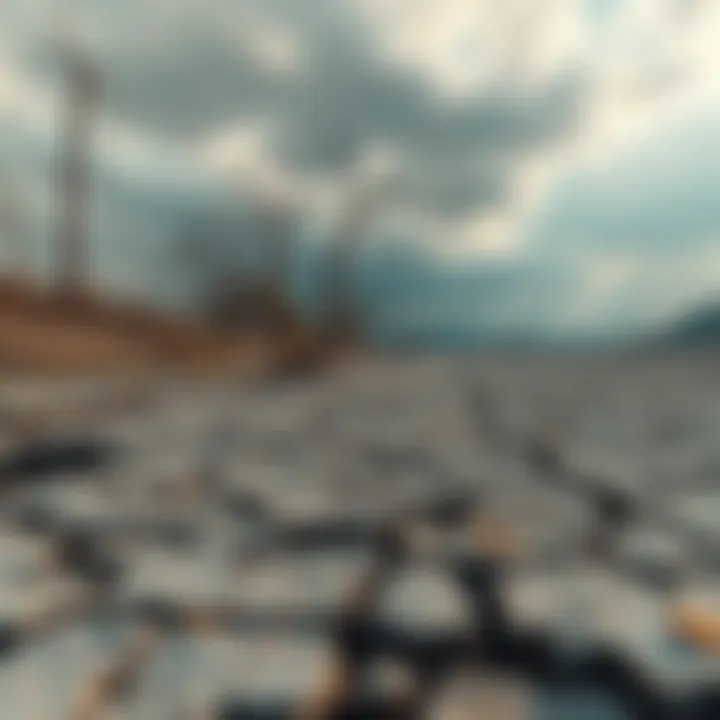 A dry landscape with cracked earth and dying trees, symbolizing climate change's impact on the environment.