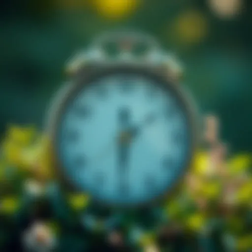 A close-up of a clock surrounded by serene nature, illustrating the importance of taking time and being patient