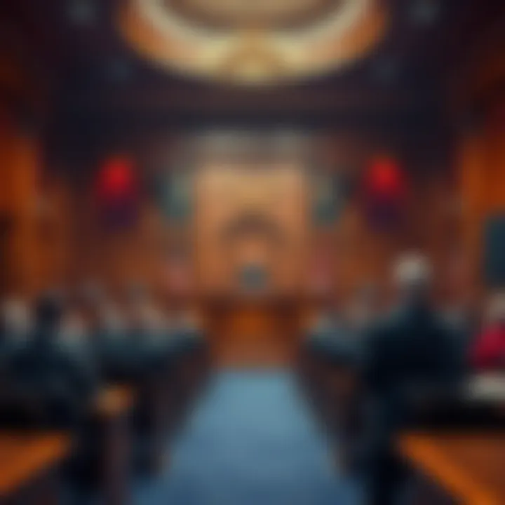 A courtroom scene showing lawyers presenting closing arguments with a judge and jury present.