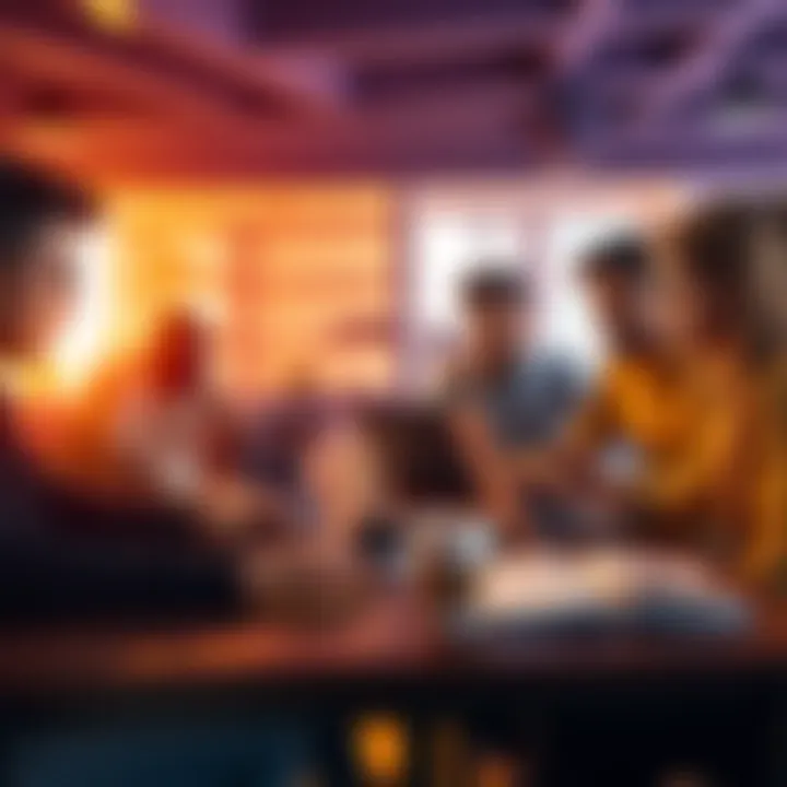 A group of diverse students working together on laptops, discussing coding ideas for Machine Learning and Data Structures projects, with coding books and coffee cups around them.