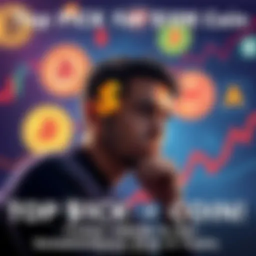 A person contemplating a $10,000 investment in a digital coin, surrounded by various cryptocurrency logos and charts indicating growth.